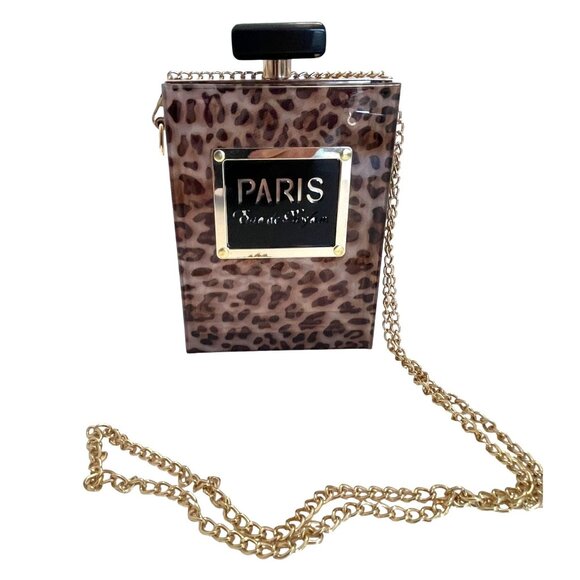 Paris Leopard Purse Brown Acrylic Bag Clutch Chain Shoulder Strap Eau De Parfum - Picture 2 of 10